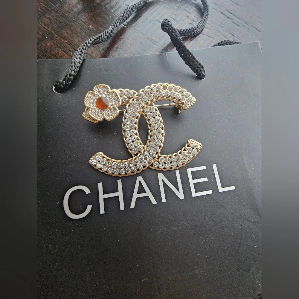 Gold Crystal Double C Brooch with Floral Detail - Picture 5 of 9